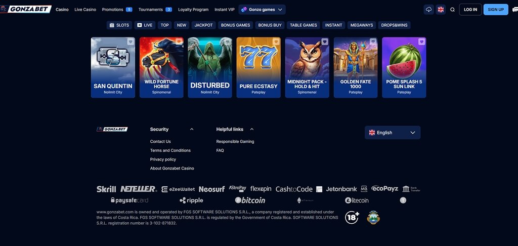 Interface van het GonzaBet Casino